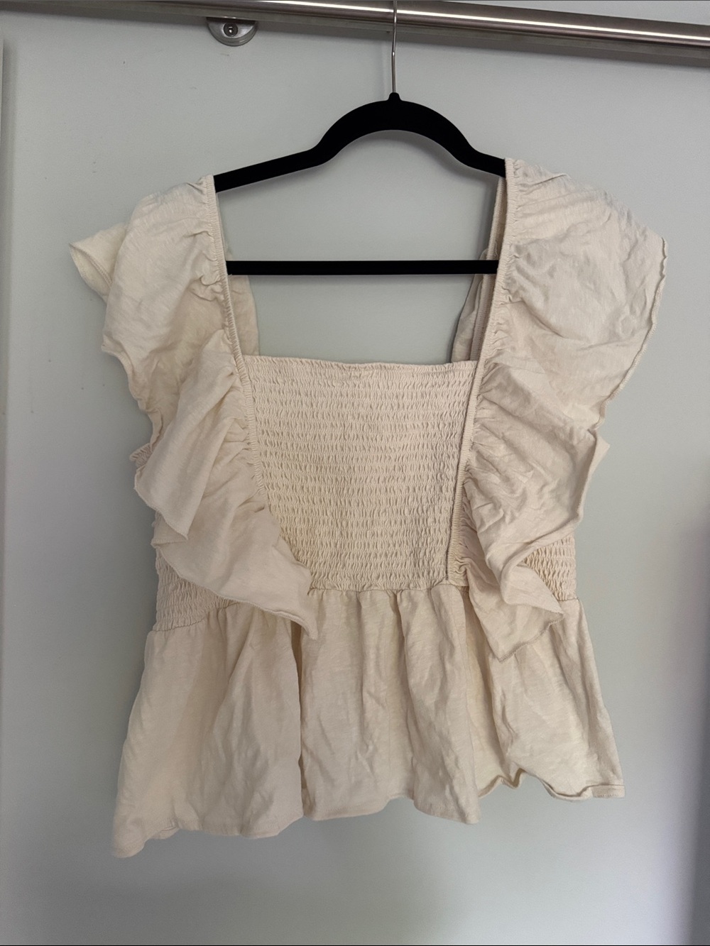 American Eagle Cream Ruffled Smocked Square-Neck Top